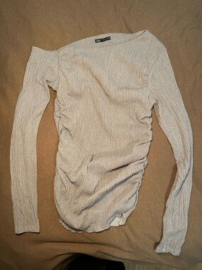 Zara Textured Beige Ribbed Off the should top